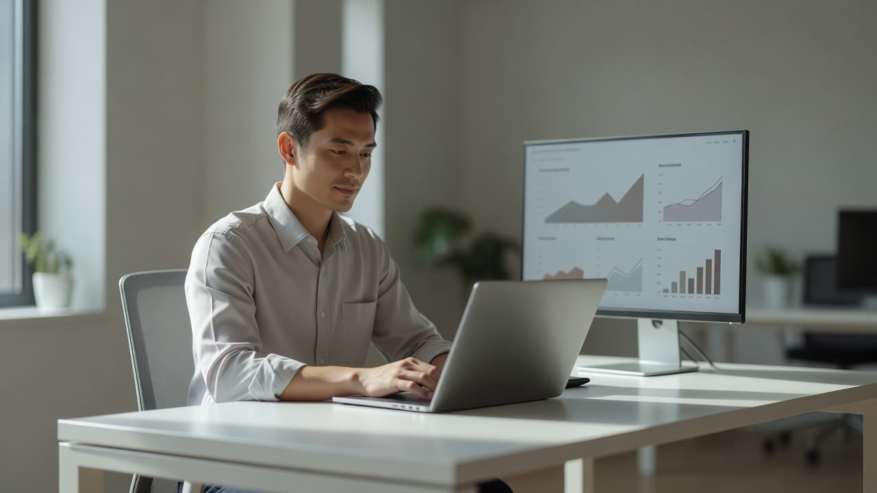 A focused individual works at a minimalist desk, viewing performance analytics on a computer monitor. The bright office space features soft natural lighting that creates a productive and serene atmosphere.