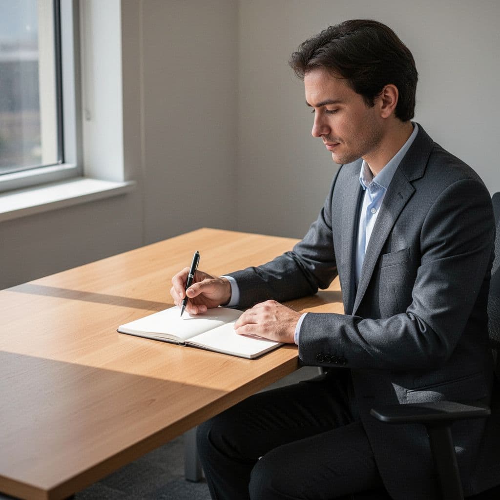 A focused professional sits at a clean wooden desk, holding a single pen while looking intently at an open, blank notebook. Soft natural light illuminates the minimalist office workspace from nearby.