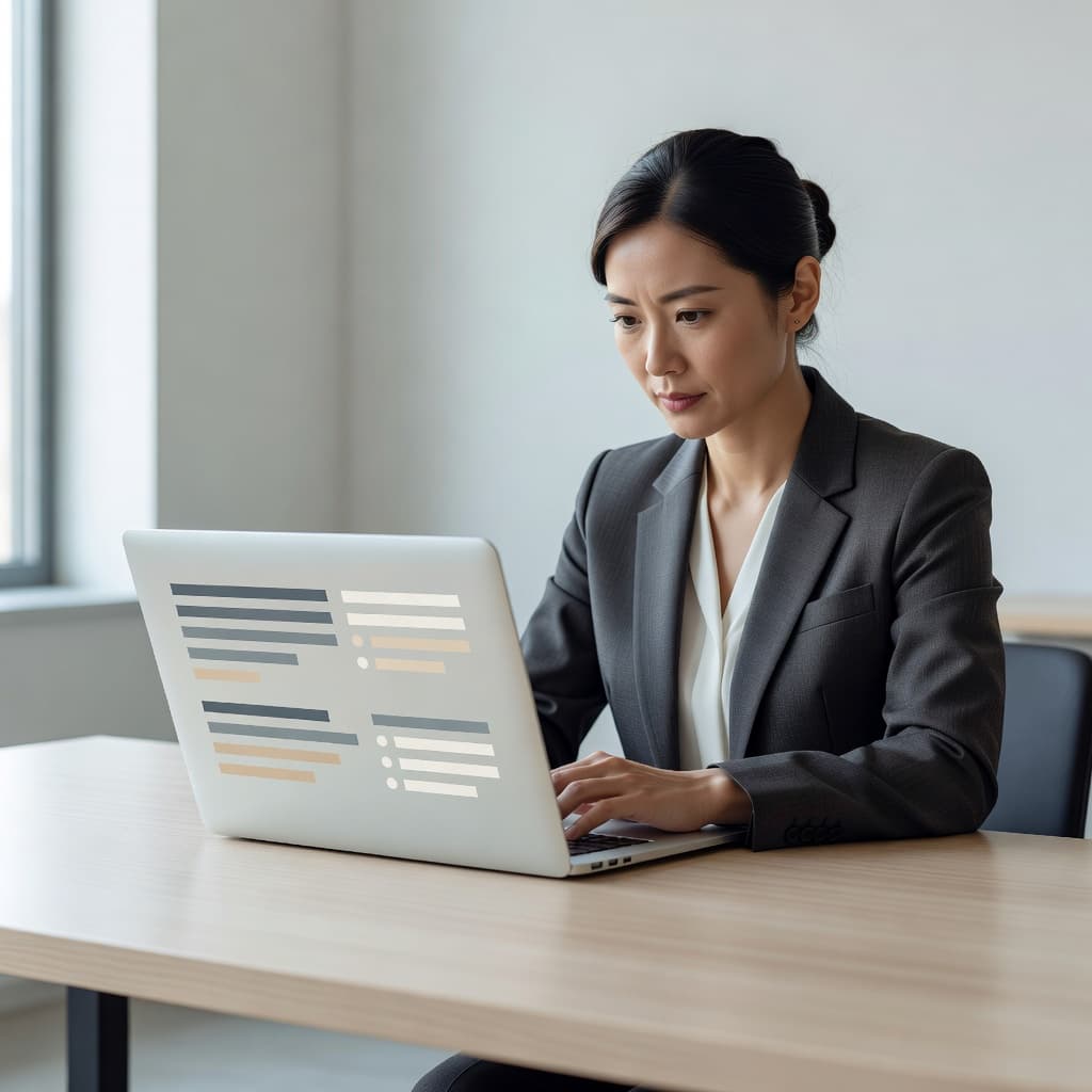 A focused professional sits at a minimalist white desk, reviewing a digital document featuring clearly organized content blocks. Soft daylight illuminates the clean workspace, highlighting the sleek laptop and modern aesthetic.