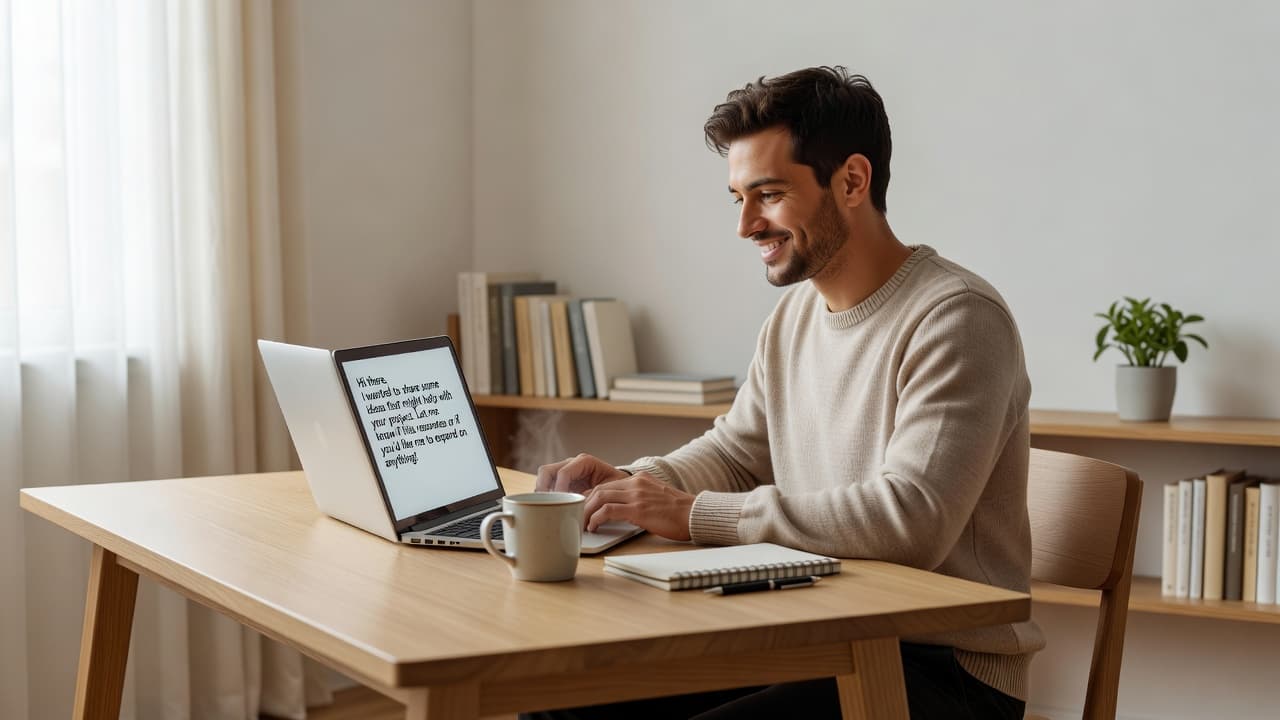 A focused individual types on a silver laptop at a minimalist wooden desk. Warm sunlight streams through a nearby window, illuminating the cozy workspace and clean, organized office shelves behind them.