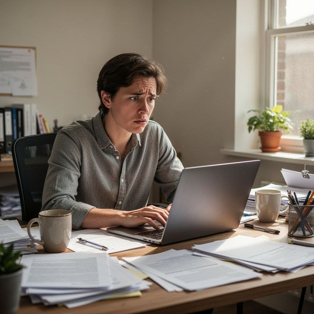 A focused individual leans toward a glowing laptop screen with a bewildered expression. The cluttered desk features scattered documents, pens, and digital devices illuminated by soft, natural afternoon sunlight.