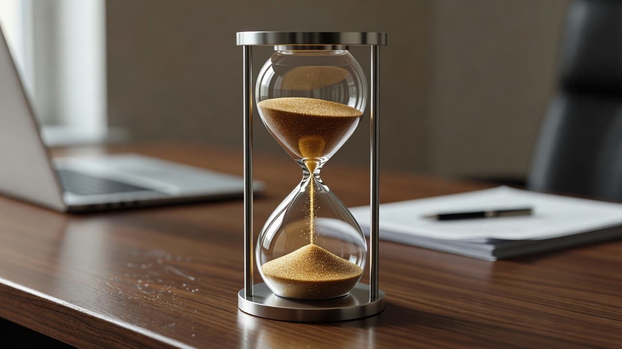 A glass hourglass filled with fine sand rests on a dark wooden surface. Soft, blurred office lighting in the background emphasizes the clear glass bulb and the passage of time.