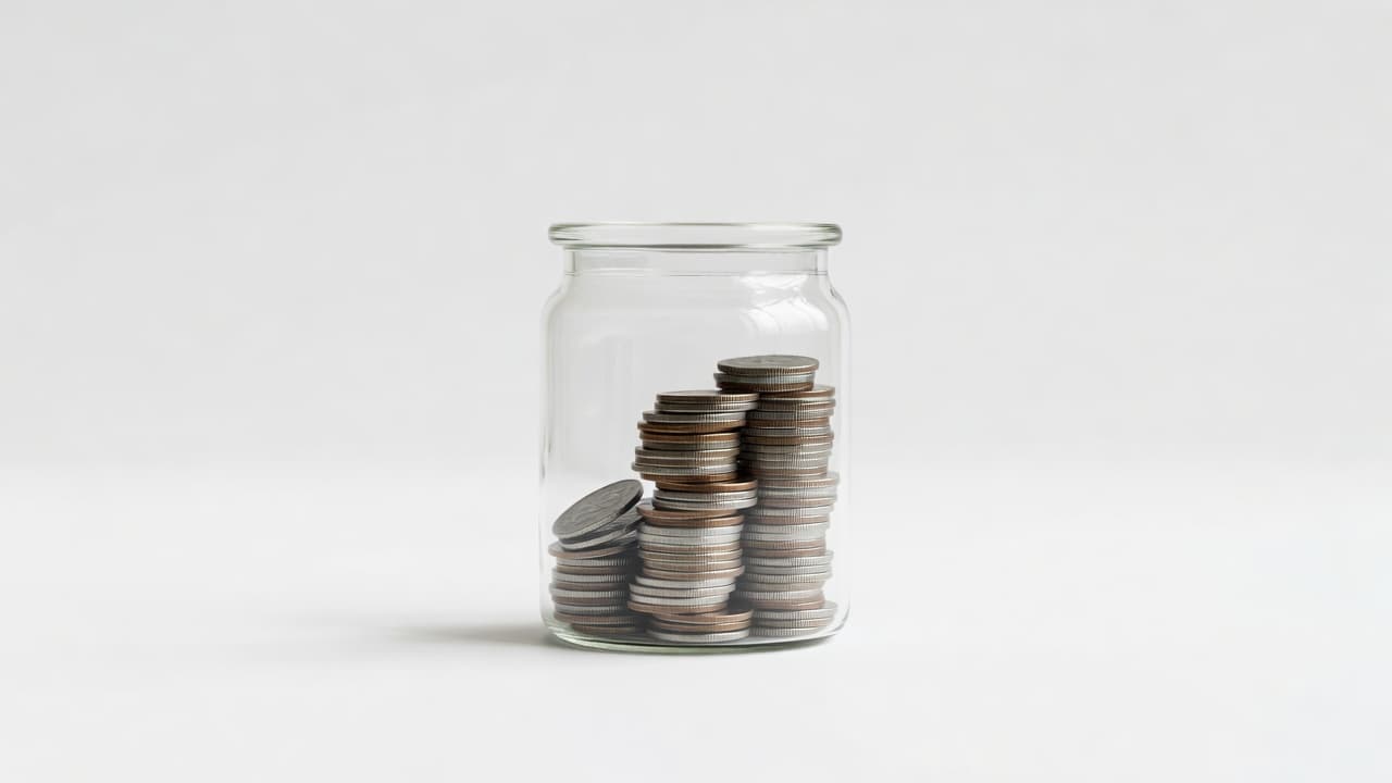 Shiny metallic coins are meticulously piled inside a transparent glass cylinder placed against a plain white backdrop. The focus remains sharp on the structured currency layers representing steady financial growth.