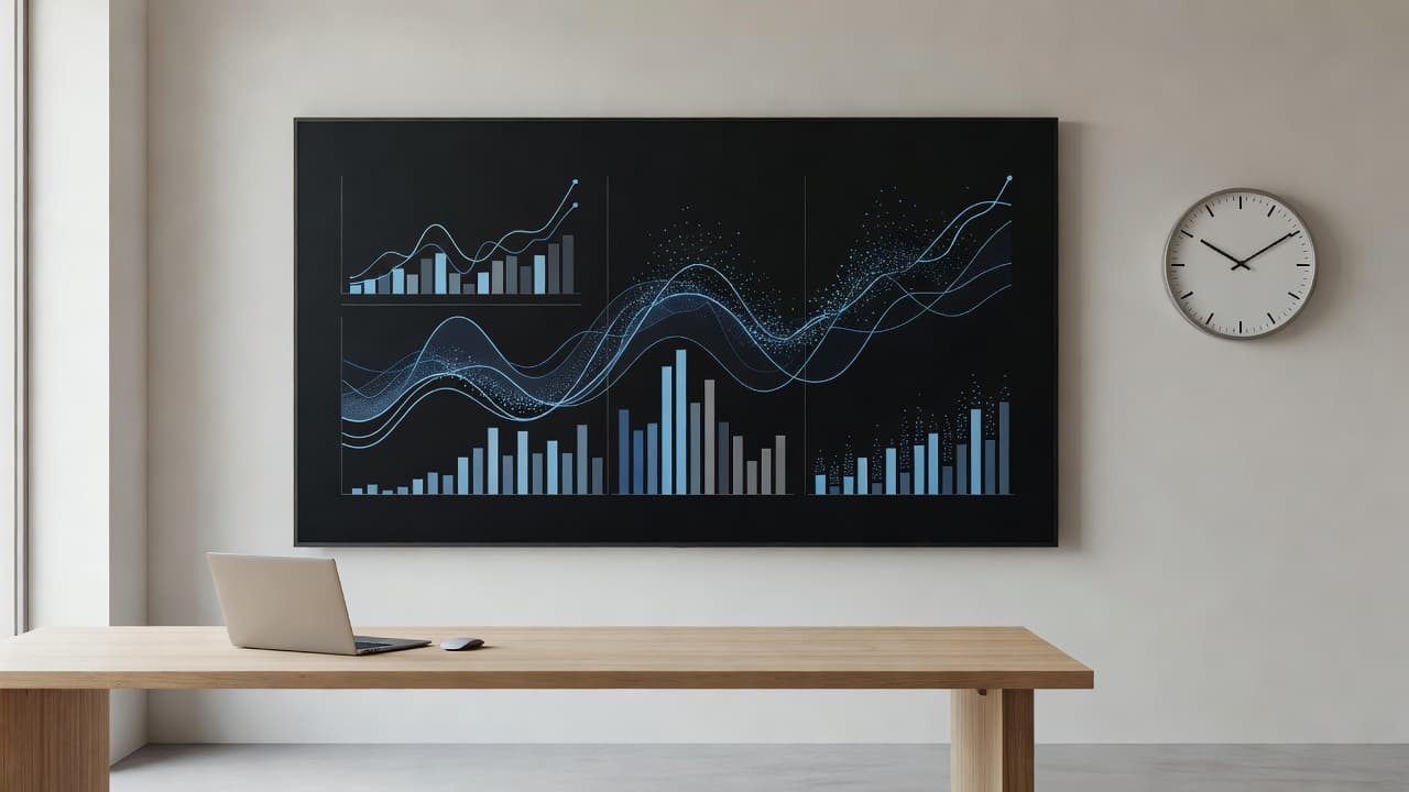 A minimalist desk features a computer monitor displaying various digital charts and a wall clock, illustrating the correlation between time management and complex campaign metrics during a professional work session.