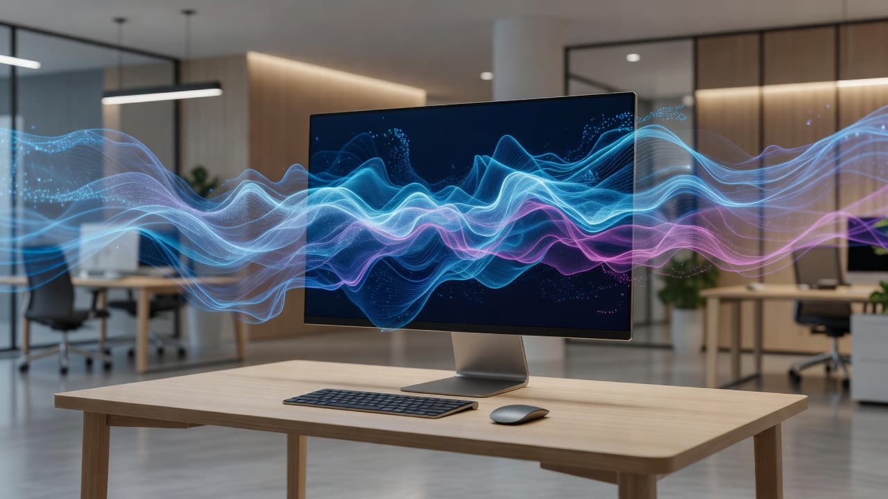 A sleek computer monitor displays glowing, colorful waves representing digital data streams on a minimalist desk. The soft ambient lighting highlights the professional office environment and complex information flow in progress.
