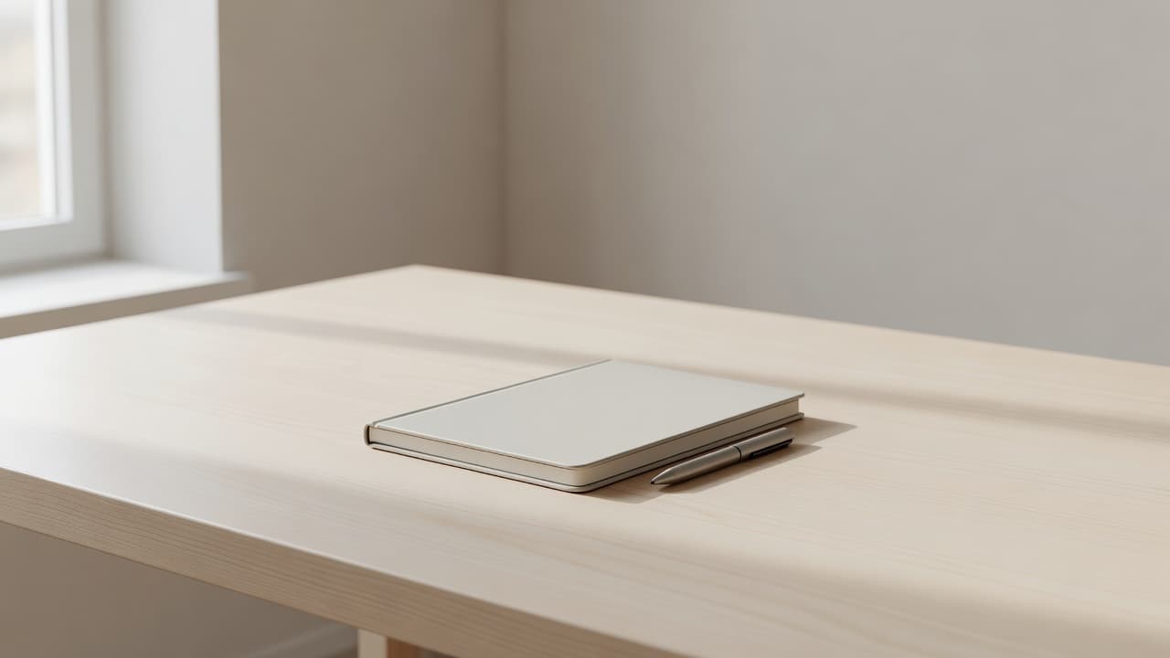 A clean white desk surface features a premium leather-bound notebook paired with a sleek metallic pen. Soft morning sunlight streams across the workspace, creating gentle shadows and an organized professional environment.