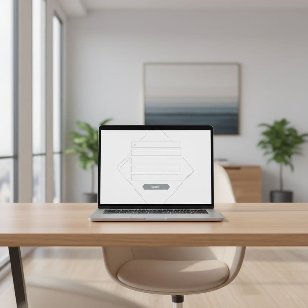 A sleek laptop sits on a clean white desk, displaying a minimalist digital form with simple input outlines. Soft sunlight illuminates the professional workspace, highlighting the empty entry fields on screen.