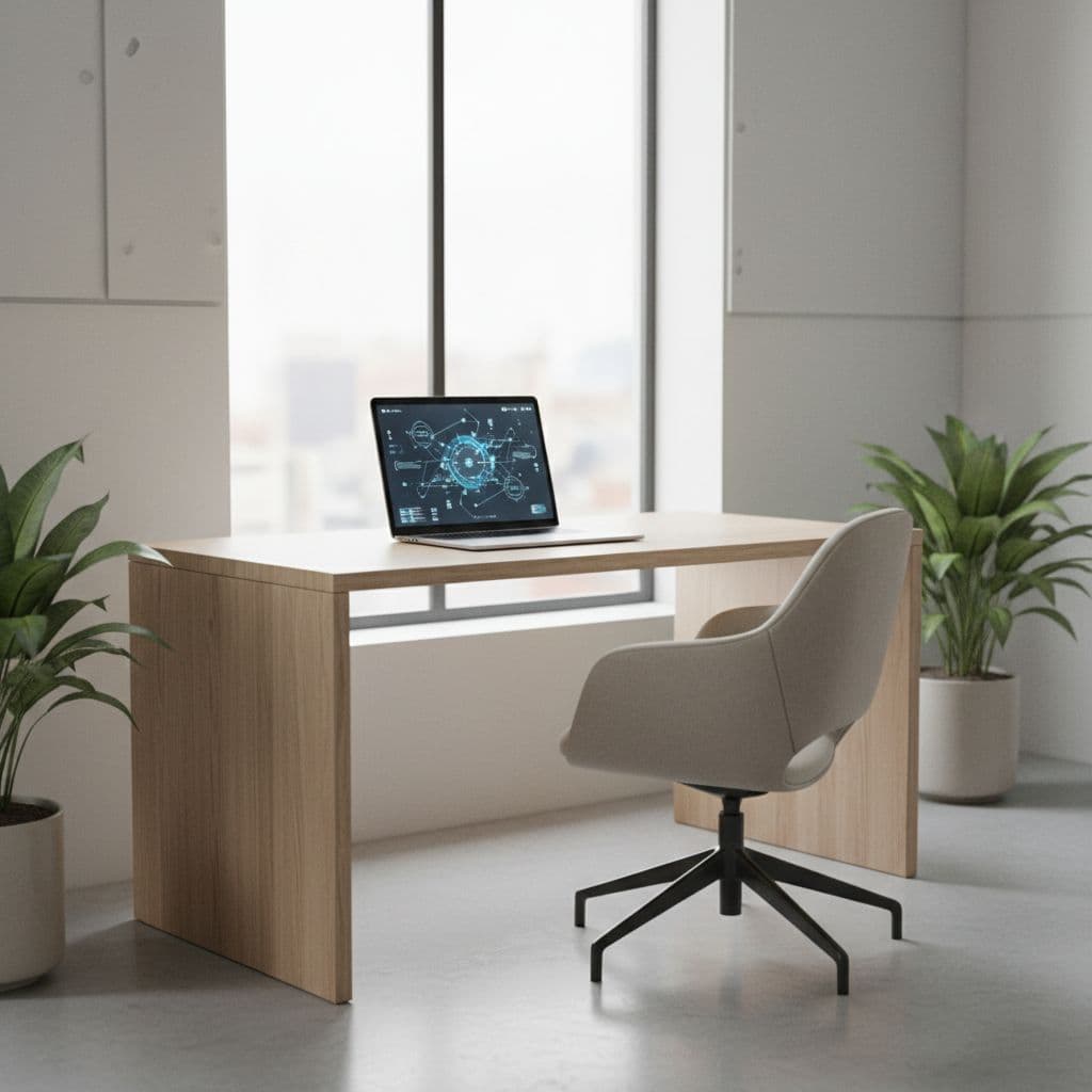 A minimalist desk setup features a sleek laptop displaying an abstract data interface. Soft natural light illuminates the clean interior, highlighting a designer workspace focused on efficient digital information retrieval tasks.