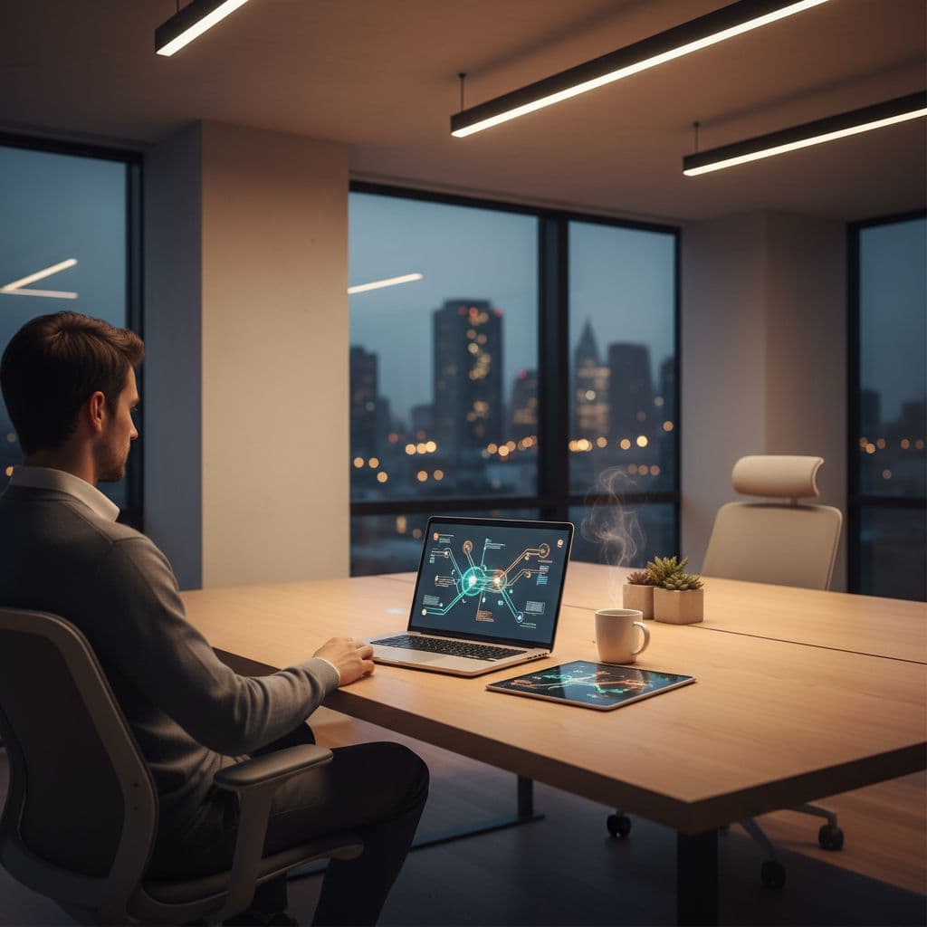 A person works at a clean desk featuring a laptop displaying abstract data patterns. The room features warm ambient lighting and a sophisticated interior design suitable for focused professional productivity.