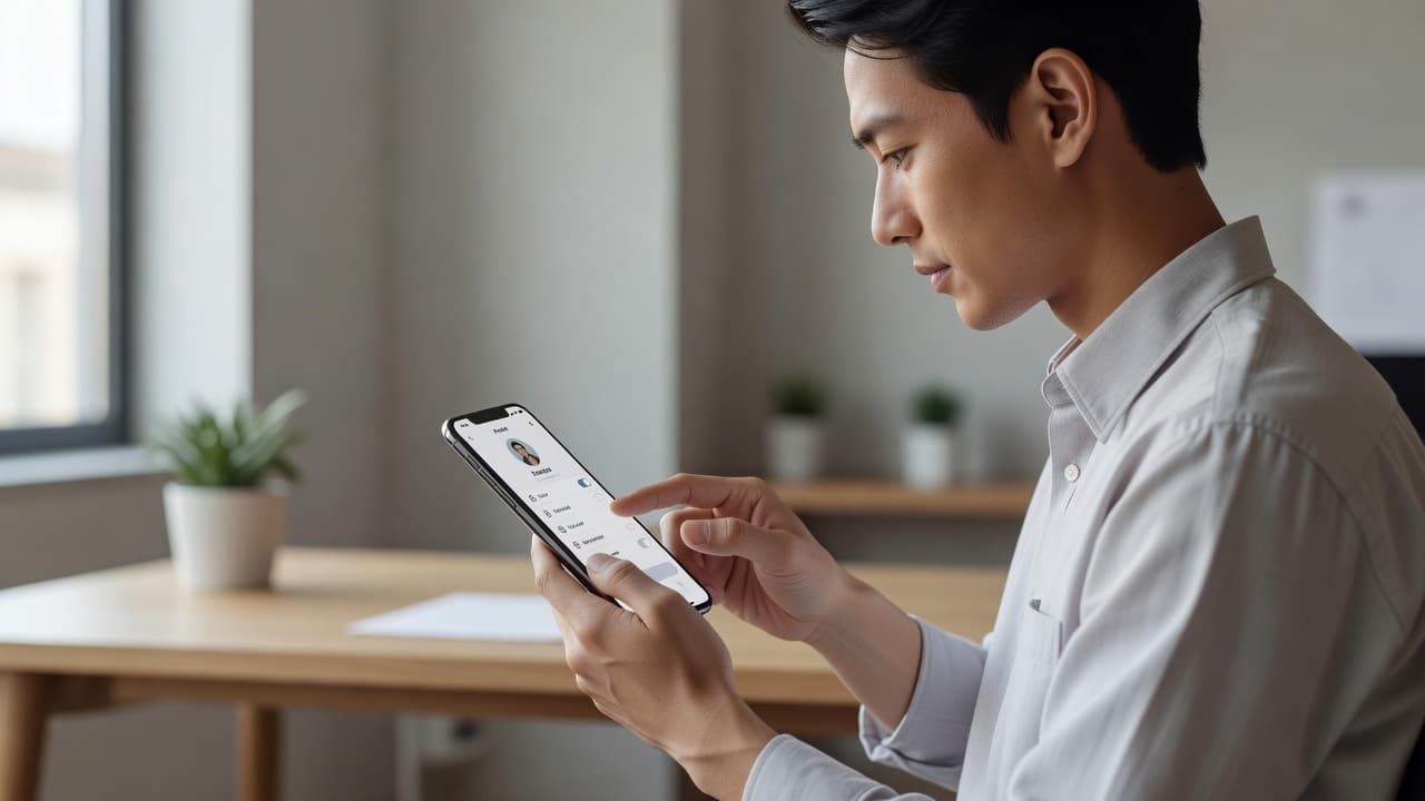 A close-up view shows fingers interacting with a mobile device to update profile configurations. The background features a blurred, professional office environment bathed in soft, warm, natural afternoon sunlight.