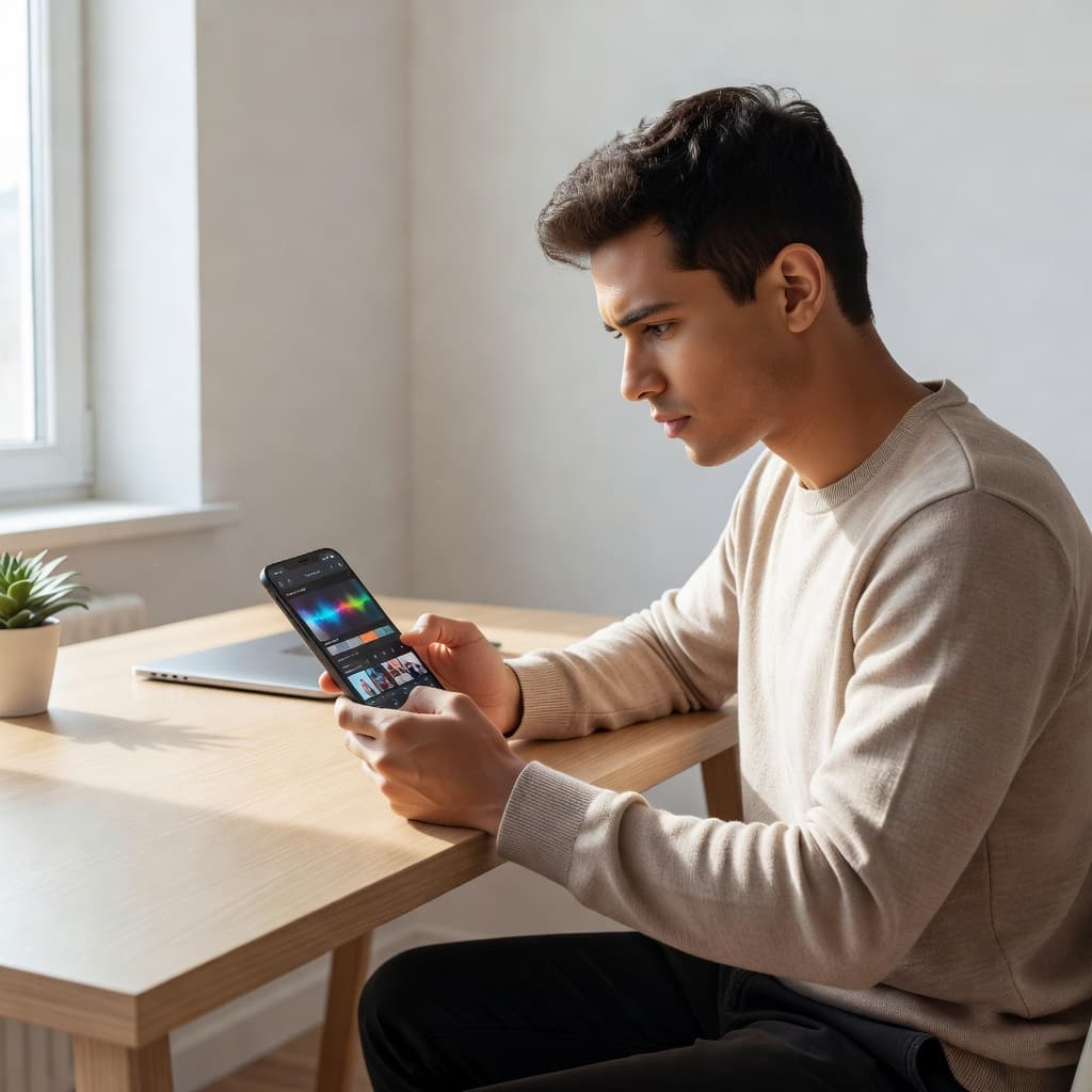 A focused individual holds a smartphone in a sun-drenched, minimalist home office space. The clean, neutral background emphasizes the mobile device as they work on digital content creation tasks.