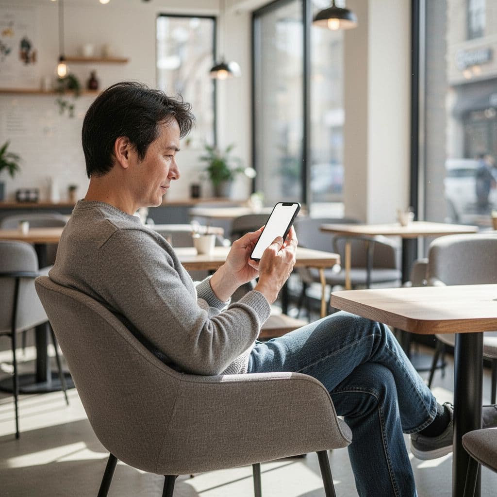 A person sits comfortably in a plush cafe armchair while scrolling on their mobile phone. Soft natural light fills the clean, minimalist space, highlighting their relaxed posture and focused expression.