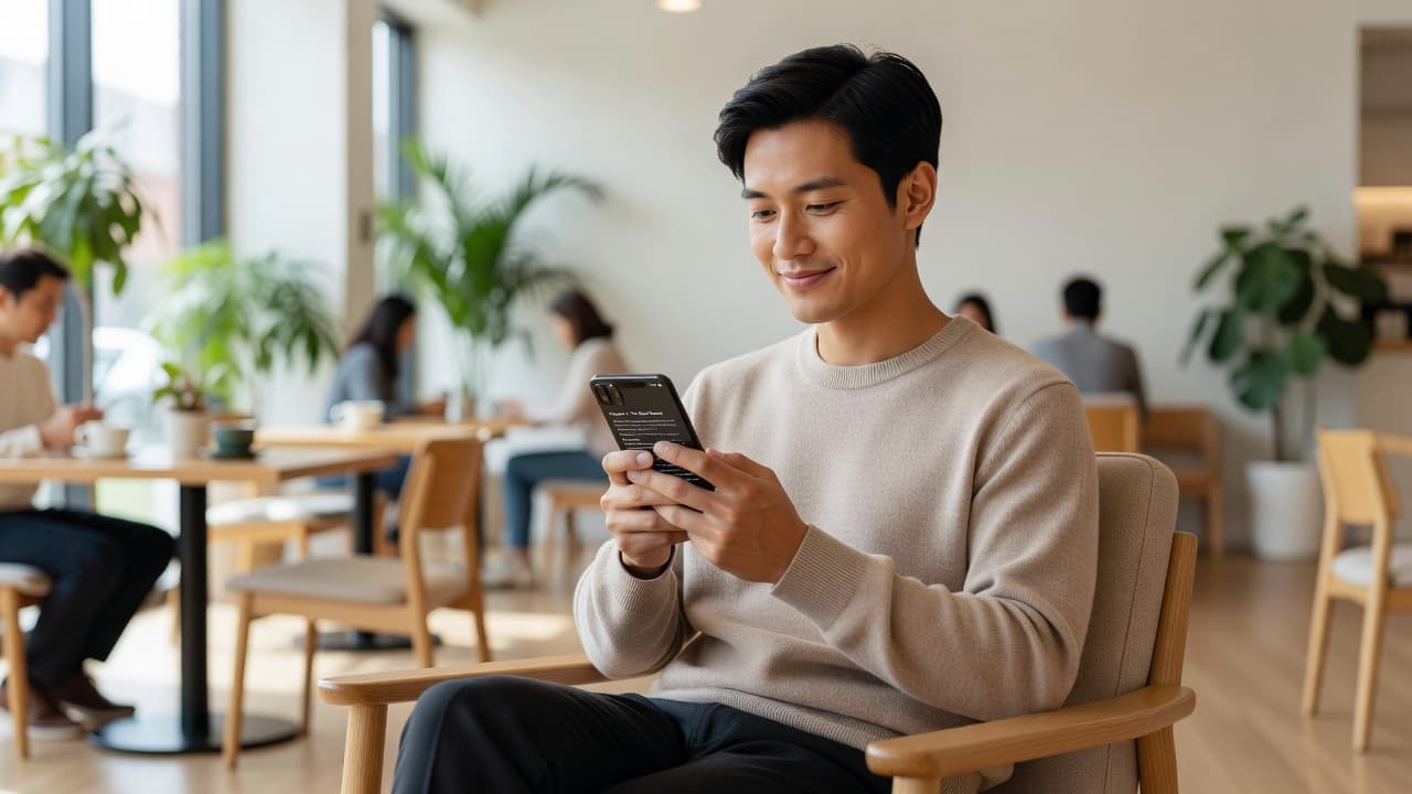 A relaxed individual holds a smartphone in both hands while focused on the screen. The background features a soft-focus coffee shop setting with warm ambient light highlighting a calm expression.