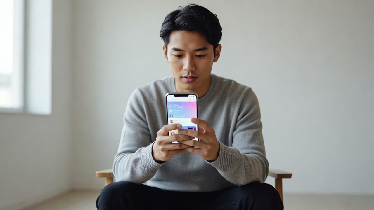 A close-up view of a person holding a sleek smartphone while navigating an interface with their thumb. The minimalist environment is illuminated by soft light that emphasizes the screen and focus.