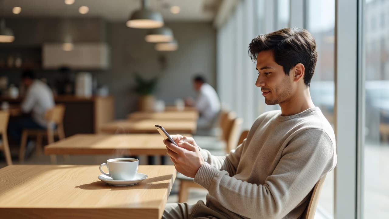 A relaxed individual sits at a wooden table in a sunlit cafe, holding a smartphone while typing with one hand. A steaming ceramic coffee mug rests nearby on the polished wood surface.