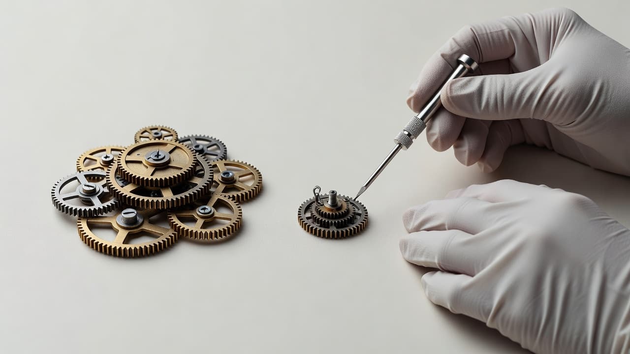 A close-up view shows a hand using thin metal tools to shift tiny brass gear teeth. The soft illumination highlights the intricate alignment process within the complex mechanical device structure.