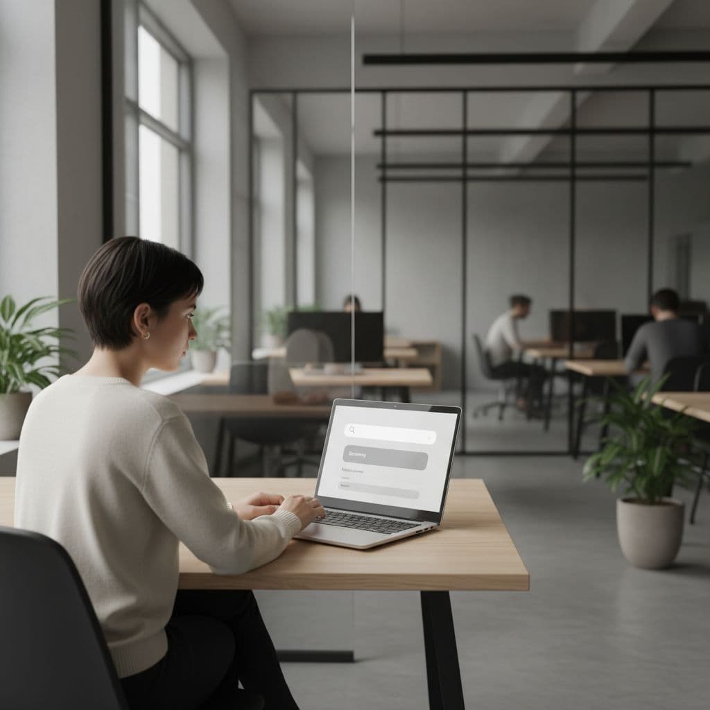 A focused individual views a minimalist search result page on a laptop screen featuring a clean summary box. Warm ambient lighting illuminates the workspace while emphasizing a streamlined information retrieval process.