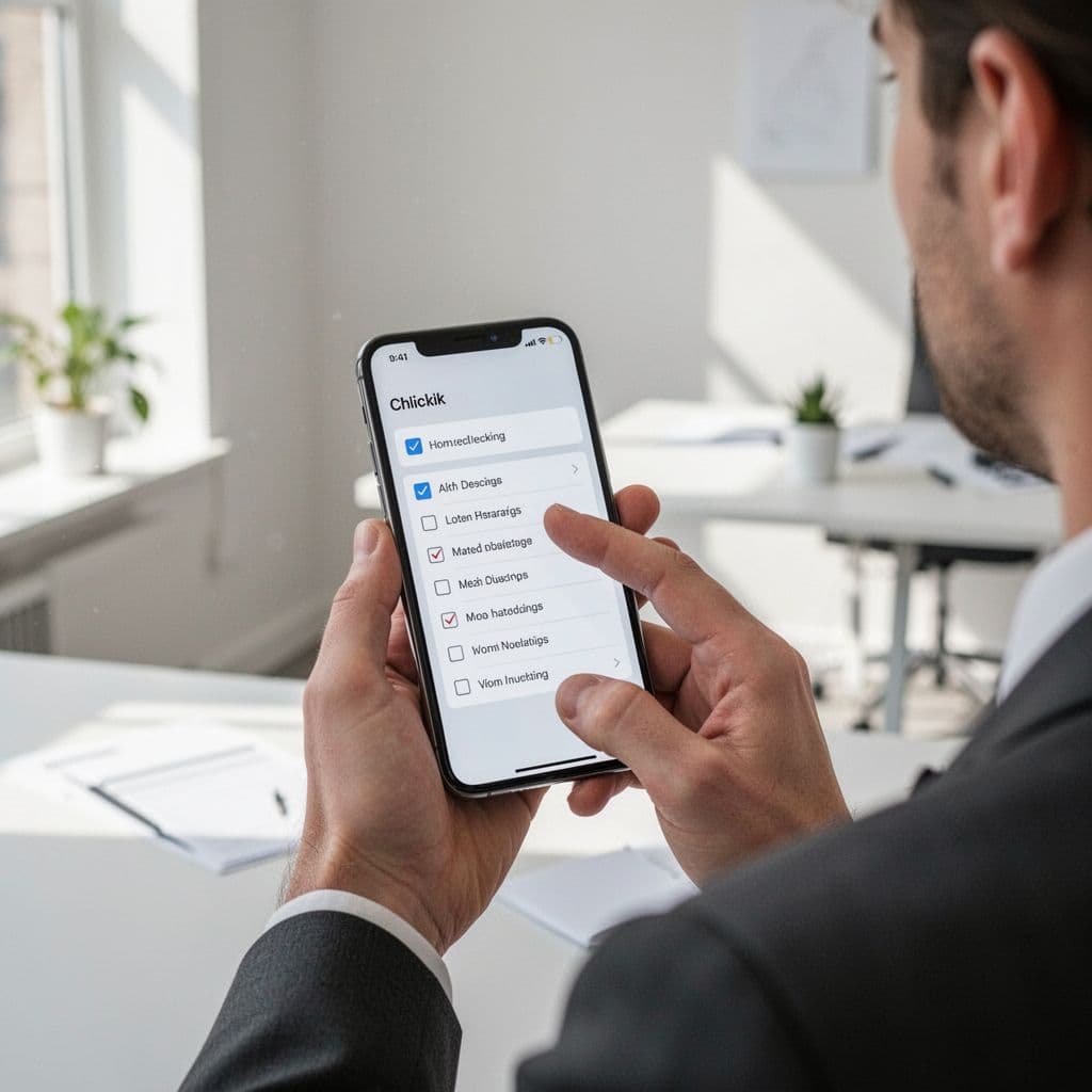 A focused individual holds a sleek smartphone displaying an organized digital task list. The minimalist office background features soft, ambient natural light creating a calm, productive atmosphere for professional daily planning.