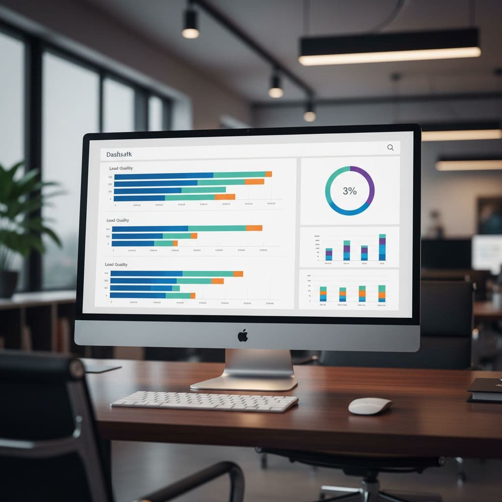 A sleek computer monitor sits on a desk displaying an abstract data dashboard with colorful bar charts and graphs. The scene features soft professional office lighting and a clean workspace setup.