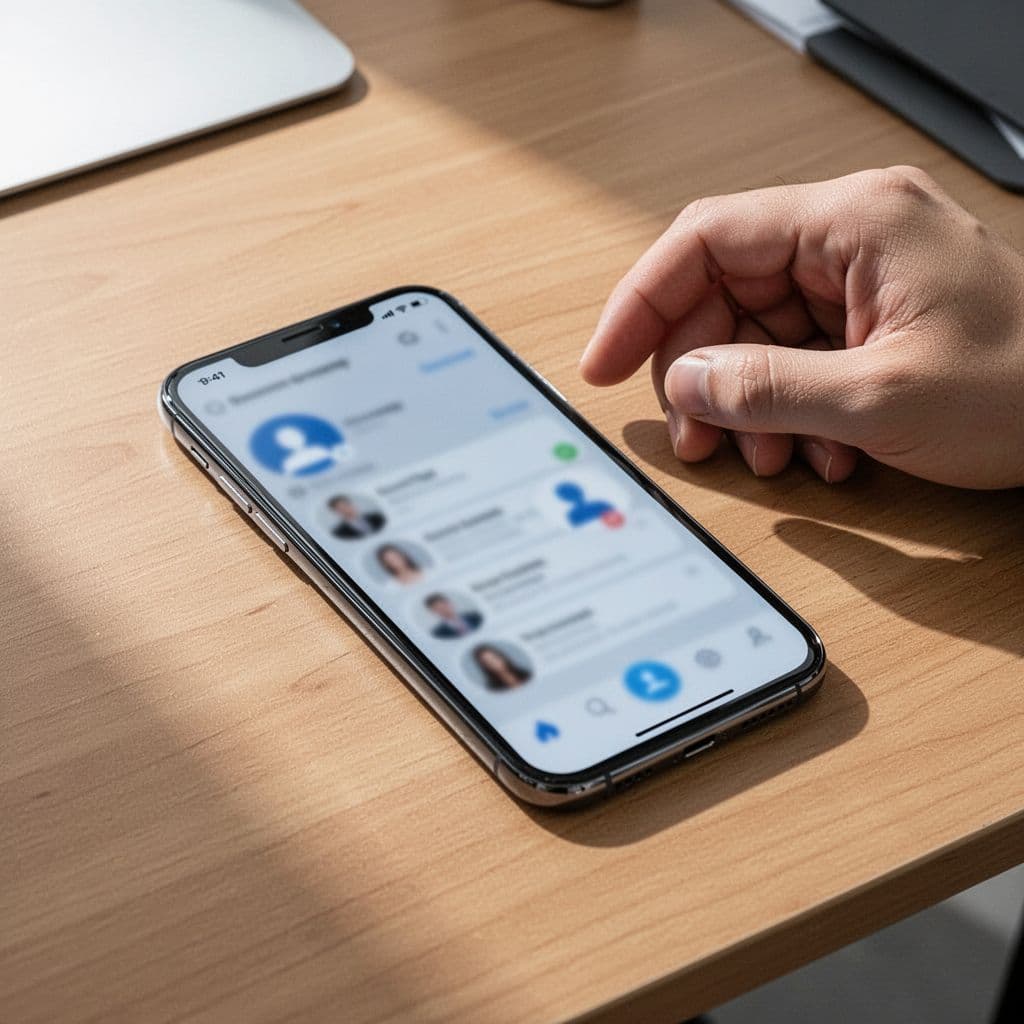 A person rests their hand on a polished wooden desk beside a smartphone displaying a social networking feed. Soft, bright office light illuminates the screen and the surrounding modern workspace environment.