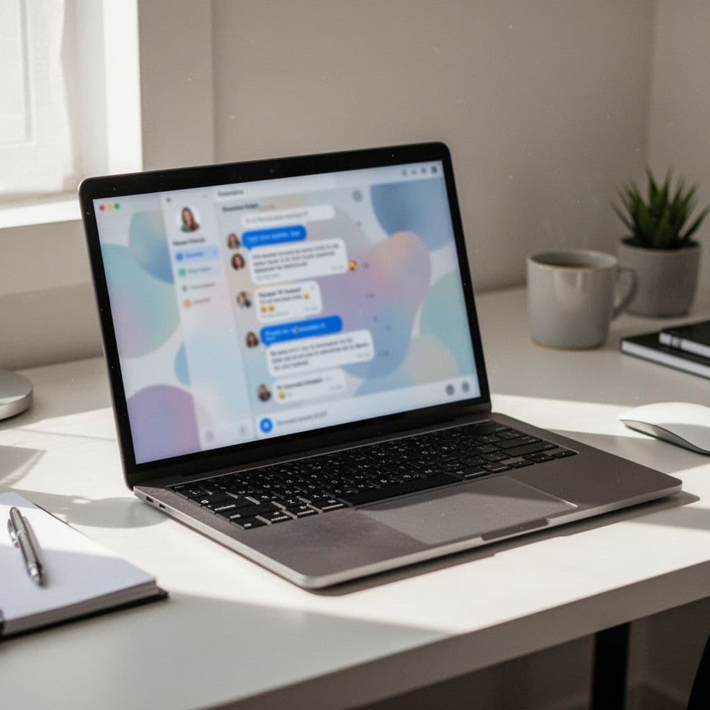 A sleek laptop sits on a clean desk, displaying a blurred digital interface of an online networking platform. Bright natural light streams across the workspace, emphasizing a productive and inviting atmosphere.