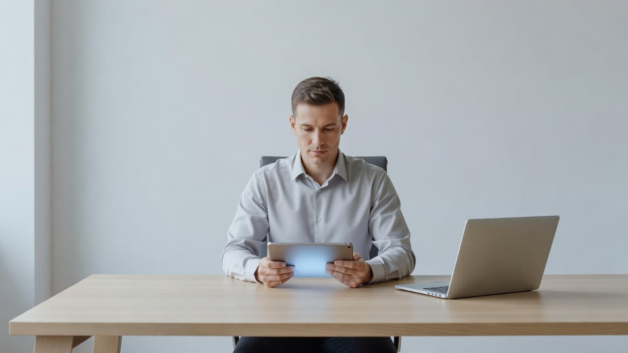 A focused individual in a minimalist office environment reviews data on a digital tablet. The organized desk features clean surfaces, suggesting a strategy for careful digital advertising campaign management.