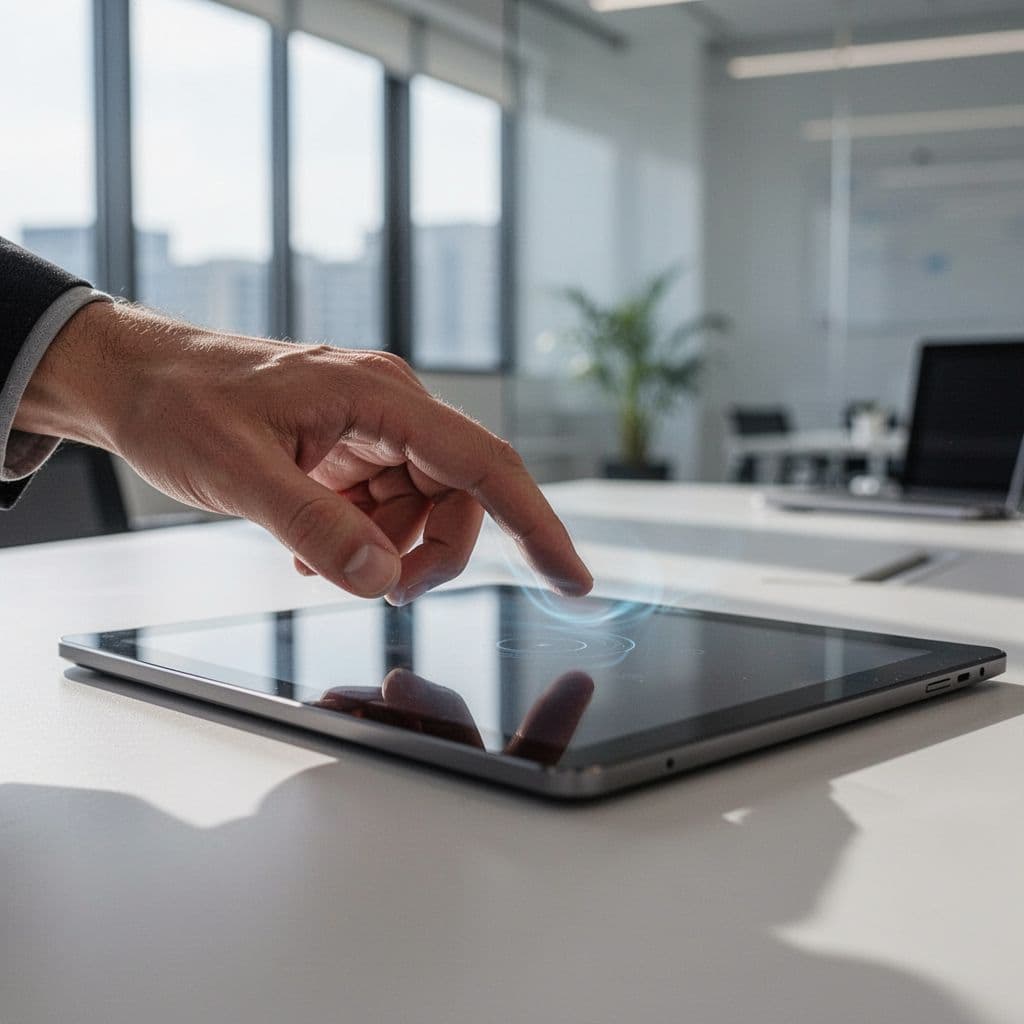 A person's hand swiping quickly on a smartphone screen, motion blur on the fingers, clean professional setting, soft focus, no text.