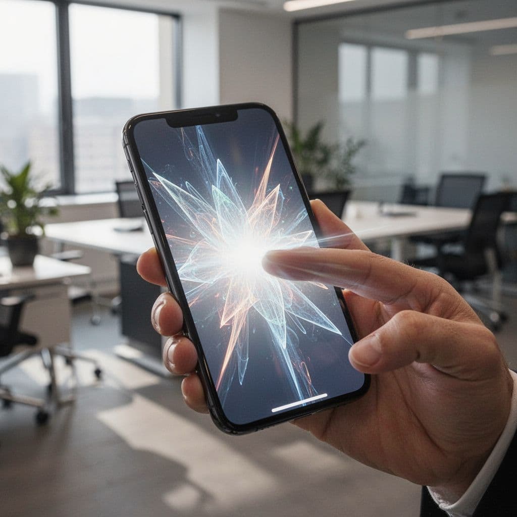 A close-up shot focuses on a digital mobile screen displaying a colorful advertisement. The content is rapidly scrolling past, set against the soft, out-of-focus background of a professional modern workspace.