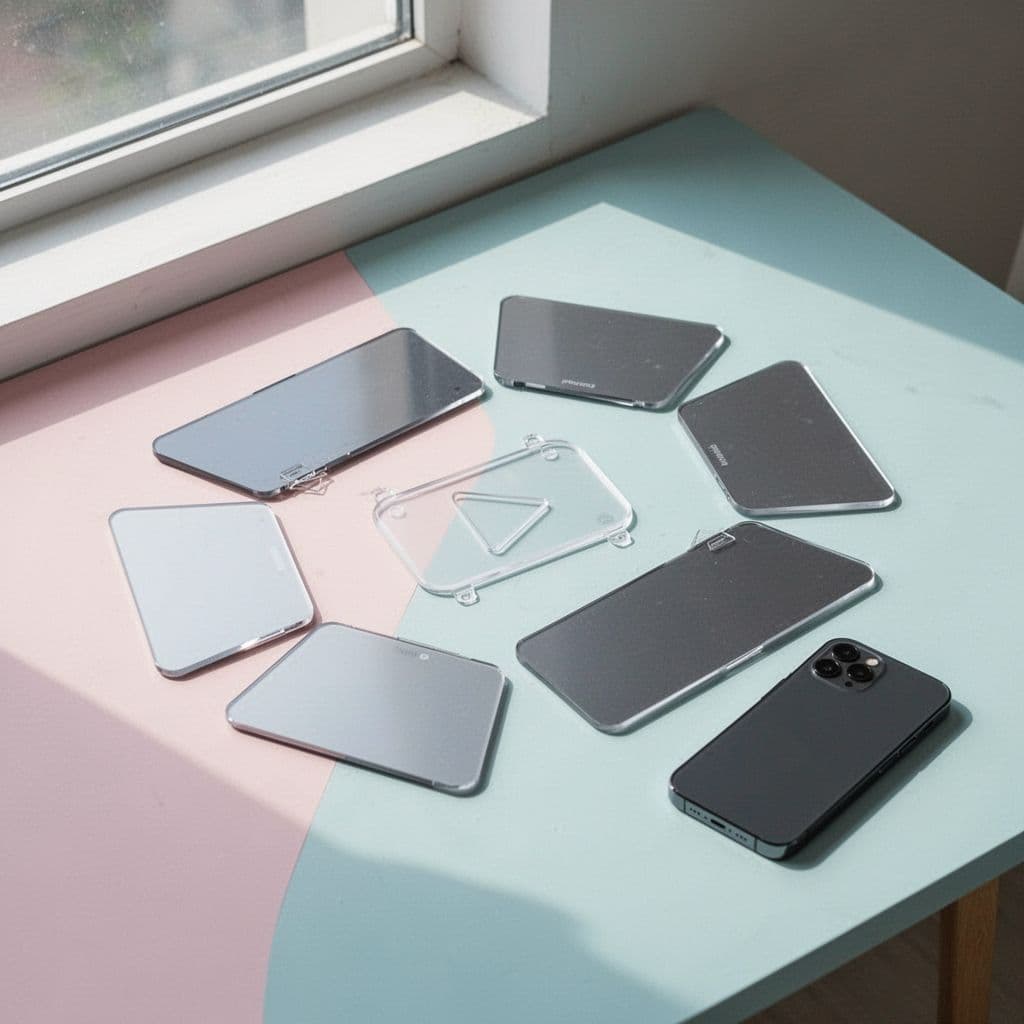 A sleek smartphone lies beside a multi-page carousel document and a video player icon on a clean desk surface. Bright natural light casts soft, minimalist shadows across the professional composition.