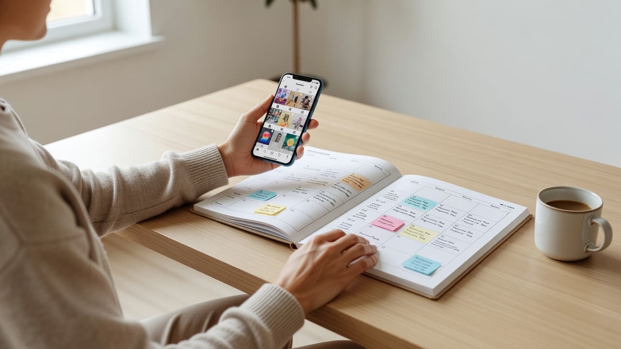A person sits at a clean, minimalist desk reviewing a physical content calendar while holding a smartphone. Natural light fills the workspace, highlighting the organized tools used for weekly marketing tasks.