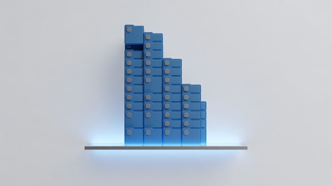 Glowing blue and grey file icons are neatly arranged in vertical stacks upon a luminous shelf. The composition represents a structured repository of accumulated historical data against a clean, minimalist background.