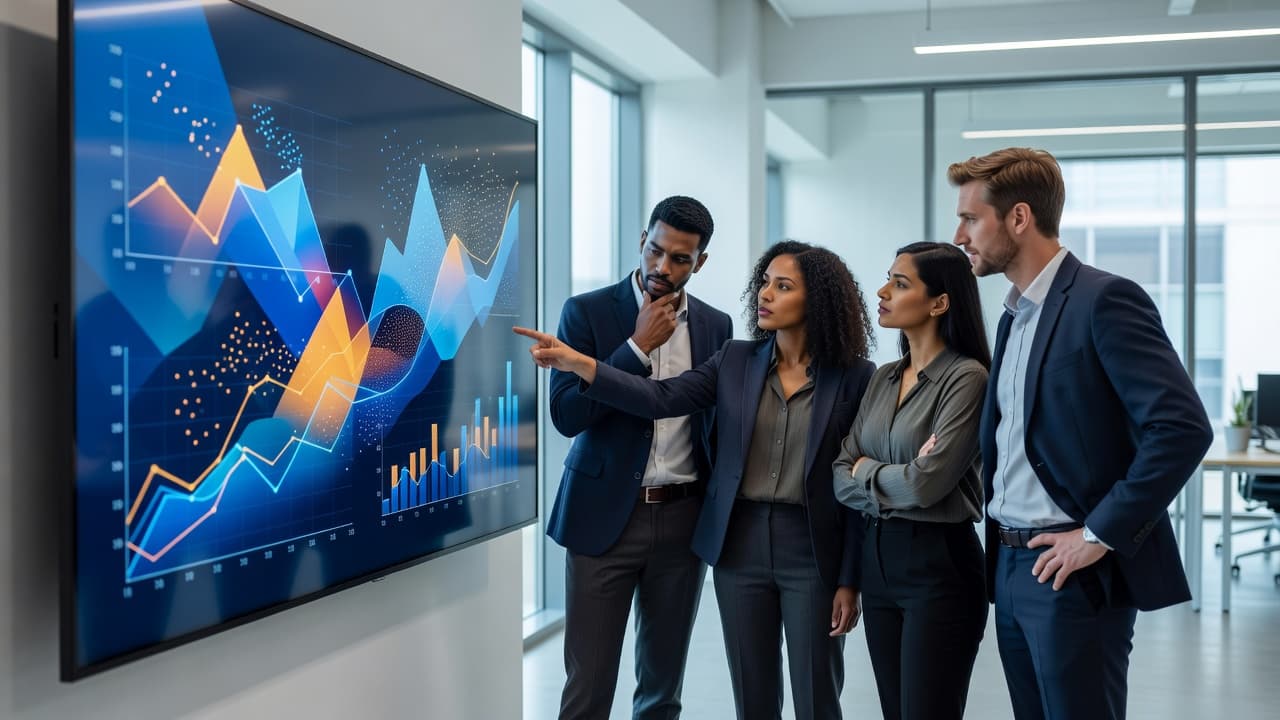 A diverse group of professionals stands before a wall-mounted digital display showing colorful abstract charts. The group maintains a collaborative focus in a sunlit, open-plan office setting with modern furniture.