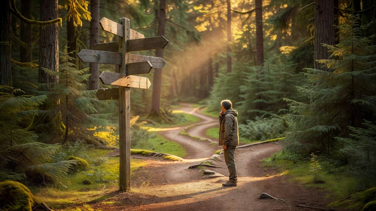 A rustic wooden signpost with multiple blank directional arrows stands on a serene forest trail. Warm afternoon sunlight filters through the tall trees, casting soft shadows across the winding dirt path.