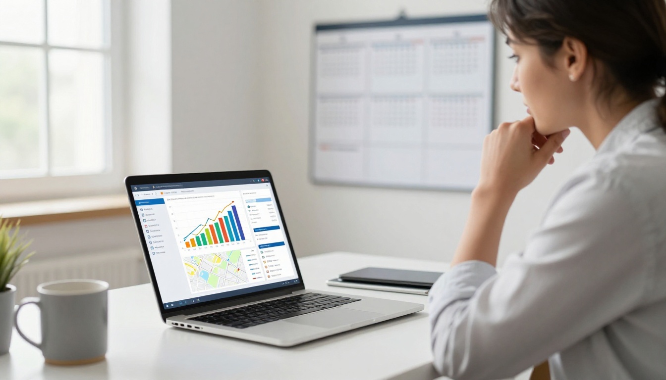 A marketer reviews rising SEO charts on a laptop beside a six-month calendar.